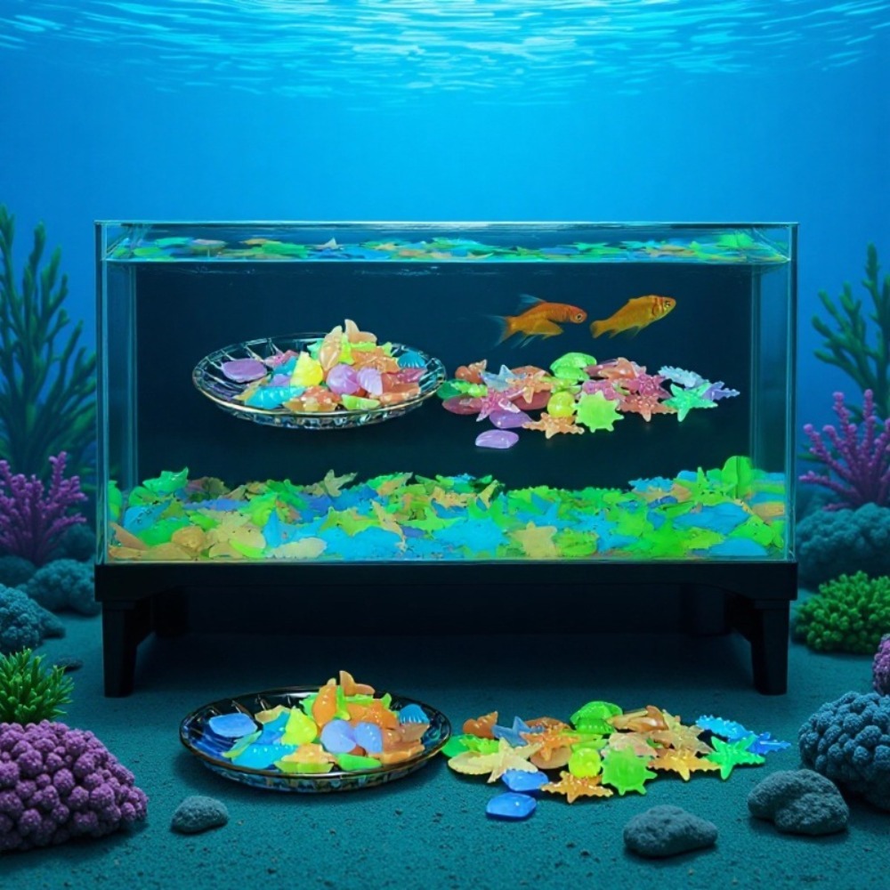 Aquarium Decoration Rock - 光る発光海洋石、蛍光貝殻、カラフルなヒトデ、水槽の景観装飾用、暗闇で光る