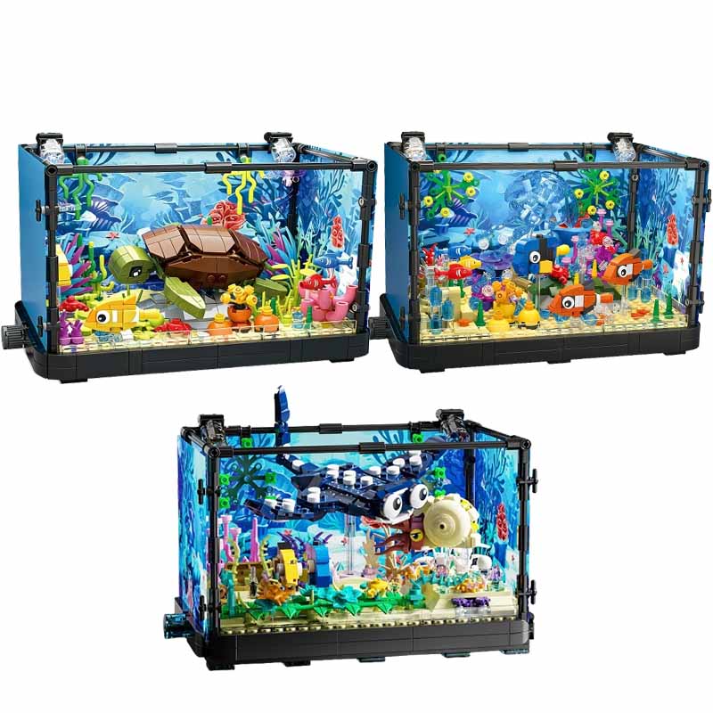 Aquarium Fish Names - ライト付き水槽ビルディングブロックセット、水槽、海洋カメ、14歳以上の子供向けビルディングブロックおもちゃ、ギフト、家の装飾
